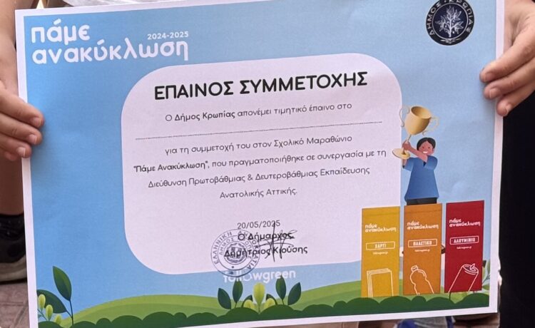 Βράβευση του Σχολείου μας από τη Followgreen για τη Συμμετοχή στον Σχολικό Μαραθώνιο «Πάμε Ανακύκλωση»
